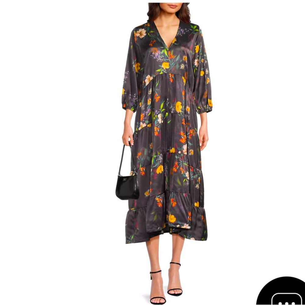 NWT Johnny Was
Floral Silk Bishop-Sleeve Tiered Midi Dress